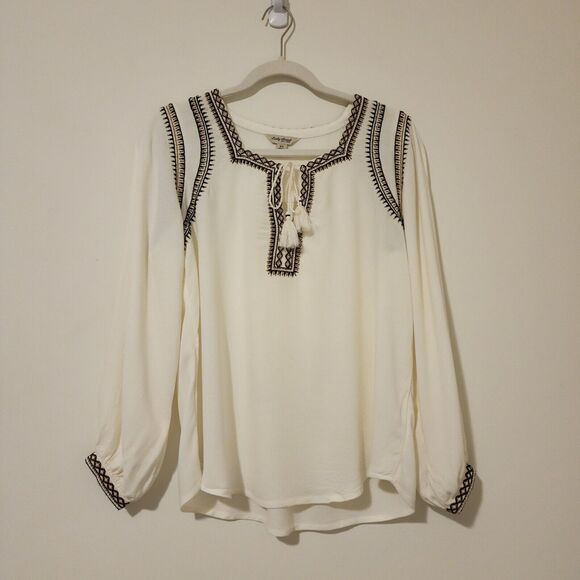 Lucky Brand Womens Embroidered Boho Top XS Ivory Long Sleeve Split Neck 7W44112 - Picture 2 of 10